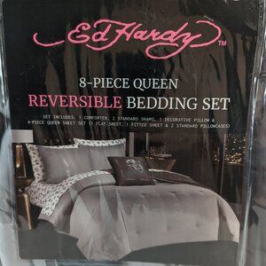 Ed Hardy Queen Cards Dice Skull Gray White Comforter Set Shams, Pillow, Sheets